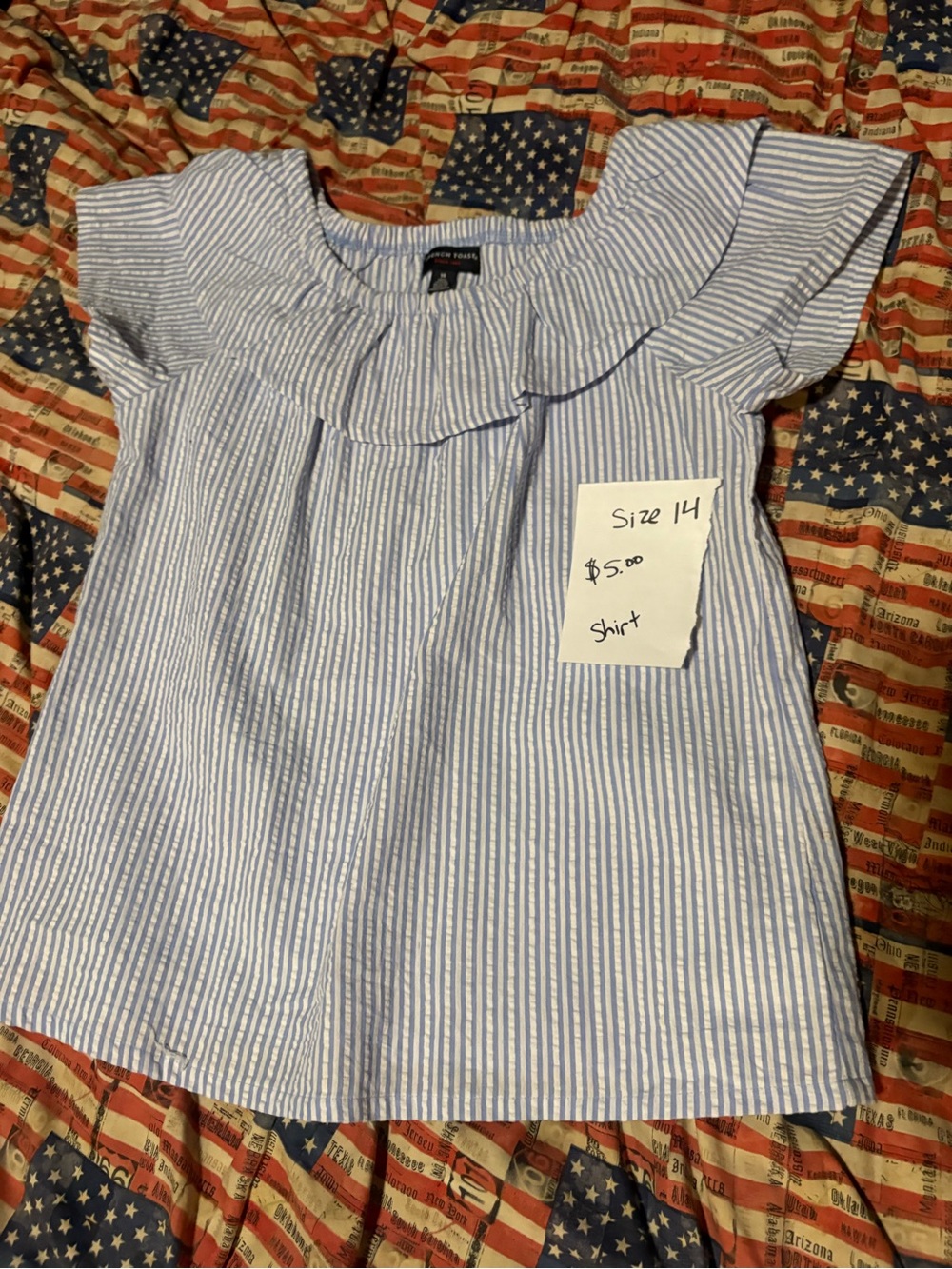 Girls Blue & White Striped Ruffle Neck Top - Size 14